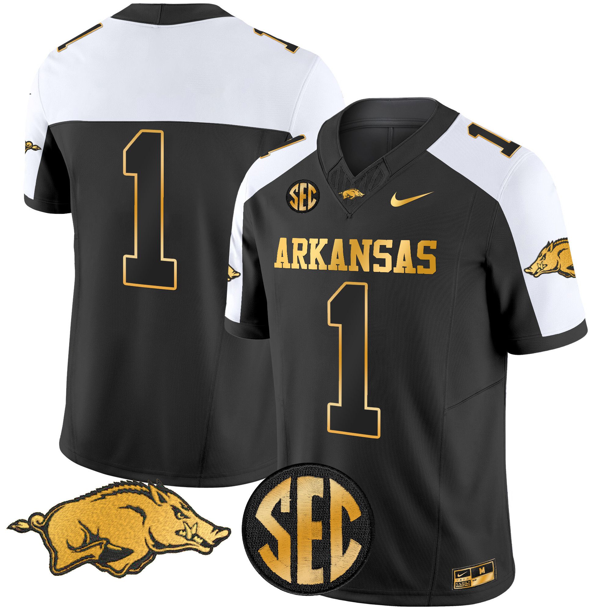 Men Arkansas Razorbacks #1 No Name Black Nike 2024 Gold Vapor Limited NCAA Jersey